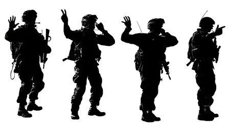 Tactical Communication Soldier Silhouettes Using Radio and Hand Signals isolated on plain white background.のイラスト素材