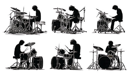 Progressive Rock Drummers with Complex Kits Silhouettes isolated on plain white background.のイラスト素材