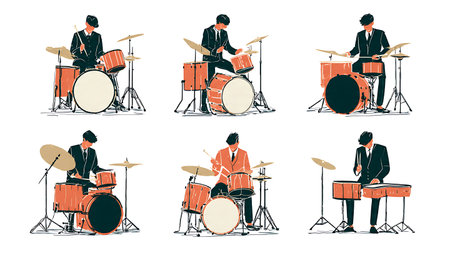 Vintage Rockabilly and Rock and Roll Drummer Silhouettes isolated on plain white background.のイラスト素材