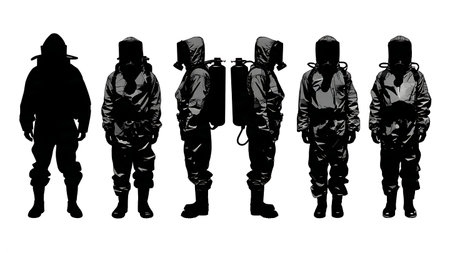 Soldier Silhouettes in Gas Masks and HAZMAT CBRN Gear isolated on plain white background.のイラスト素材