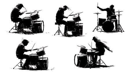 Drummers' Ride Cymbal Pattern and Rhythm Silhouette Set isolated on plain white background.のイラスト素材