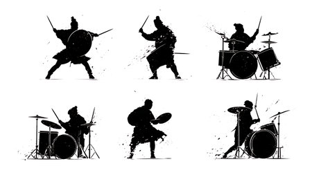 Drummers Using Splash Cymbals for Accents Silhouettes isolated on plain white background.のイラスト素材
