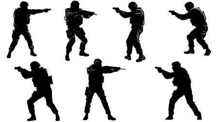 Soldier Silhouettes in Tactical Stances Firing a Pistol isolated on plain white background.のイラスト素材