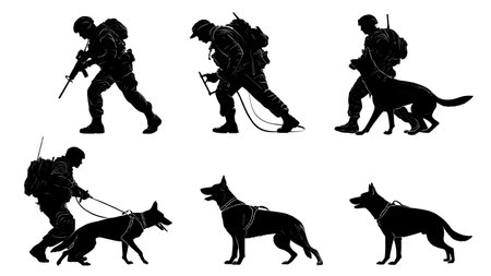 Military Working Dog (K9) and Soldier Handler Silhouette Set isolated on plain white background.のイラスト素材