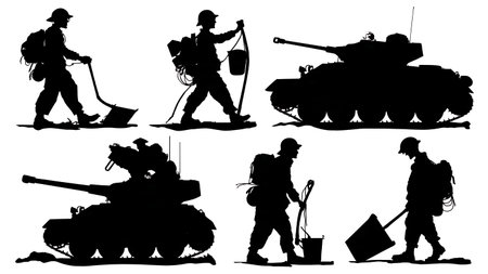 Tank Crew Soldier Silhouettes in Various Poses isolated on plain white background.のイラスト素材