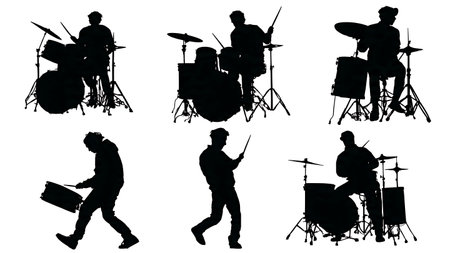 Three-Quarter Perspective View of Drummers Silhouette Set isolated on plain white background.のイラスト素材