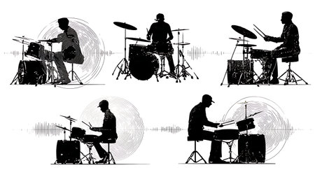 Outdoor Music Festival Drummers Silhouette Collection isolated on plain white background.のイラスト素材
