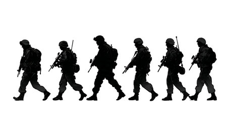 Single File Soldier Patrol Formation Silhouettes on White Background isolated on plain white background.のイラスト素材