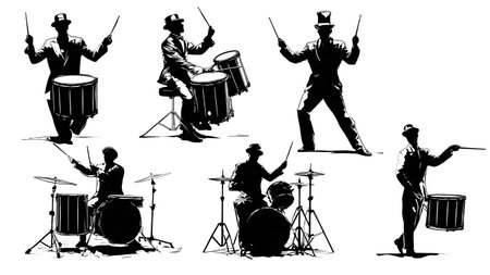 Dramatic Theatrical Stage Performance Drummer Silhouettes isolated on plain white background.のイラスト素材
