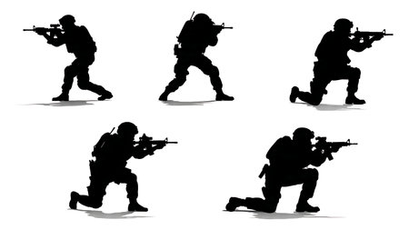 Dynamic Firefight Silhouettes of Soldiers Taking Cover isolated on plain white background.のイラスト素材