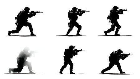 Dynamic Firefight Silhouettes of Soldiers Taking Cover isolated on plain white background.のイラスト素材