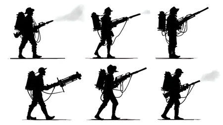 Soldier with Flamethrower Action Silhouettes Vector Set isolated on plain white background.のイラスト素材