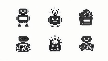 Collection of Six Computational Creativity and AI Idea Silhouettes isolated on plain white background.のイラスト素材