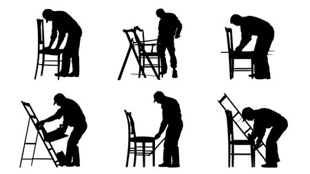 Antique Furniture Restoration Carpenter Silhouettes Set isolated on plain white background.のイラスト素材