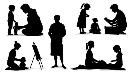Child Life Specialist and Play Therapy Silhouettes Set of Six isolated on plain white background.のイラスト素材