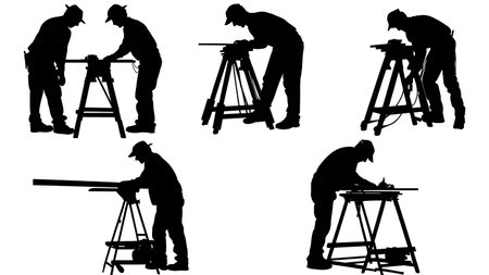 Black Solid Silhouettes of a Carpenter Using Sawhorses isolated on plain white background.のイラスト素材