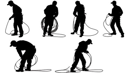 Electrician Coiling a Cable Correctly Silhouettes Set of Six isolated on plain white background.のイラスト素材