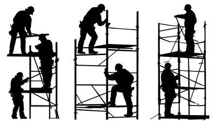 Carpenter Working on a Scaffold Black Solid Silhouettes isolated on plain white background.のイラスト素材