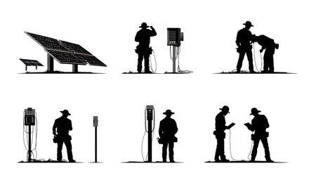 Electrician Inspecting Solar Farm Silhouettes Set of Six isolated on plain white background.のイラスト素材