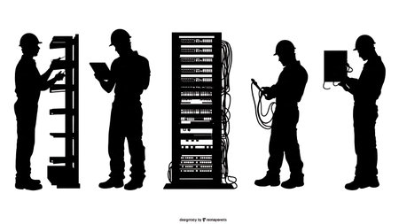 Electrician in Data Center Silhouettes Set of Six isolated on plain white background.のイラスト素材
