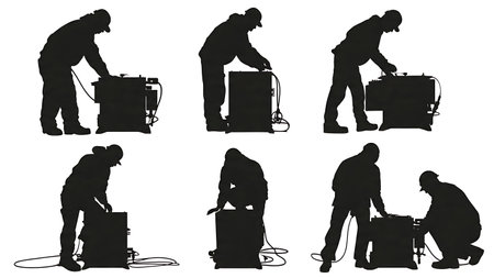 Set of Six Electrician Installing a Backup Generator Silhouettes isolated on plain white background.のイラスト素材