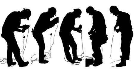 Electrician Installing Under-Cabinet Lighting Silhouettes Set of Six isolated on plain white background.のイラスト素材