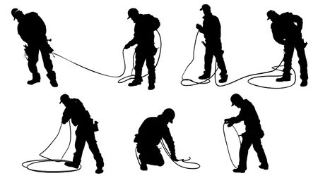 Black Solid Electrician with Wire and Conduit Silhouettes Set of Six isolated on plain white background.のイラスト素材