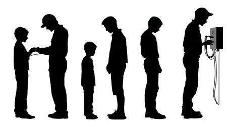 Electrician Mentoring a Youth Apprentice Silhouettes Set of Six isolated on plain white background.のイラスト素材