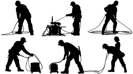 Electrician Using a Wire Puller Tugger Silhouettes Set of Six isolated on plain white background.のイラスト素材