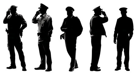 Hospital Security Guard on Duty Silhouettes Set of Six isolated on plain white background.のイラスト素材