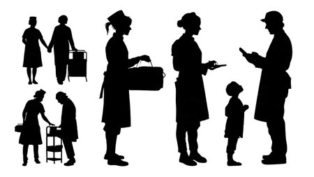 Home Health Nurse Patient Visit Silhouettes Set of Six isolated on plain white background.のイラスト素材