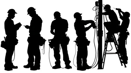 Group of Electrician Teamwork Silhouettes Set of Six isolated on plain white background.のイラスト素材