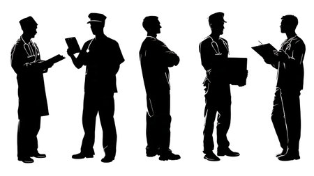 Male Nurse in Professional Roles Silhouettes Set of Six isolated on plain white background.のイラスト素材