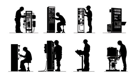 Elevator and Escalator Electrician Silhouettes Set of Six isolated on plain white background.のイラスト素材
