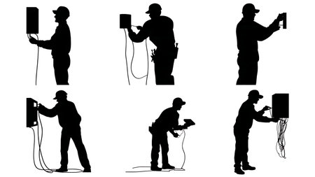 Set of Six Electrician Installing Home Theater Silhouettes isolated on plain white background.のイラスト素材