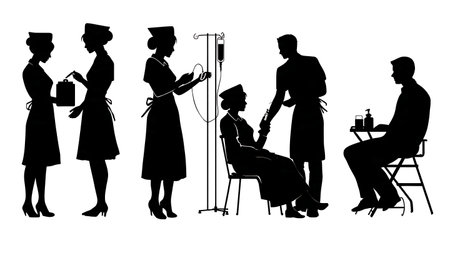 Set of Six Black Solid Nurse Duty Silhouettes on White Background isolated on plain white background.のイラスト素材