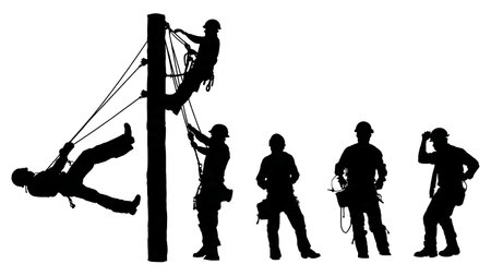 Lineman Pole-Top Rescue Drill Silhouettes Set of Six isolated on plain white background.のイラスト素材
