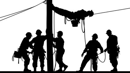 Lineman Pole-Top Rescue Drill Silhouettes Set of Six isolated on plain white background.のイラスト素材