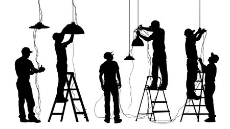 Black Solid Electrician Installing Light Fixtures Silhouettes Set of Six isolated on plain white background.のイラスト素材