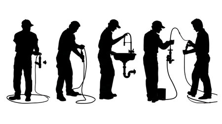 Plumber Installing a Dishwasher Silhouettes Set of Six isolated on plain white background.のイラスト素材