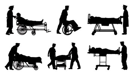 Patient Transporter Moving Patients Silhouettes Set of Six isolated on plain white background.のイラスト素材