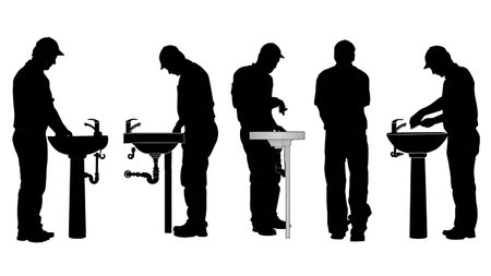 Plumber Installing a Pedestal Sink Silhouettes Set of Six isolated on plain white background.のイラスト素材