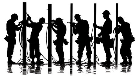 Plumber at New Construction Rough-In Silhouettes Set of Six isolated on plain white background.のイラスト素材