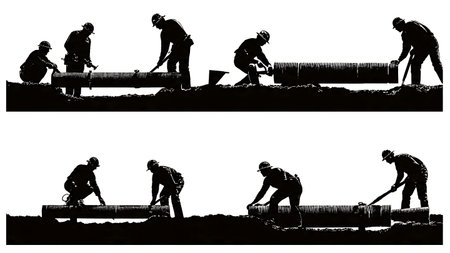Plumber Laying Pipe in a Trench Silhouettes Set of Six isolated on plain white background.のイラスト素材