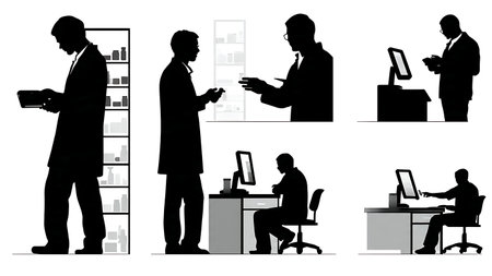 Black Solid Pharmacist at Dispensary Silhouettes Set of Six isolated on plain white background.のイラスト素材