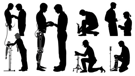 Prosthetist and Orthotist Patient Fitting Silhouettes Set of Six isolated on plain white background.のイラスト素材