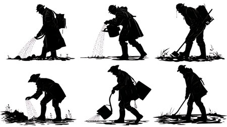 Plumber Working in the Rain Silhouettes Set of Six isolated on plain white background.のイラスト素材