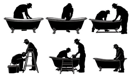 Plumber Installing a Bathtub Silhouettes Set of Six isolated on plain white background.のイラスト素材