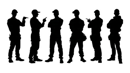 Plumber Proud of a New Bathroom Installation Silhouettes Set of Six isolated on plain white background.のイラスト素材