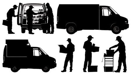 Plumber at an Open Work Van Silhouettes Set of Six isolated on plain white background.のイラスト素材
